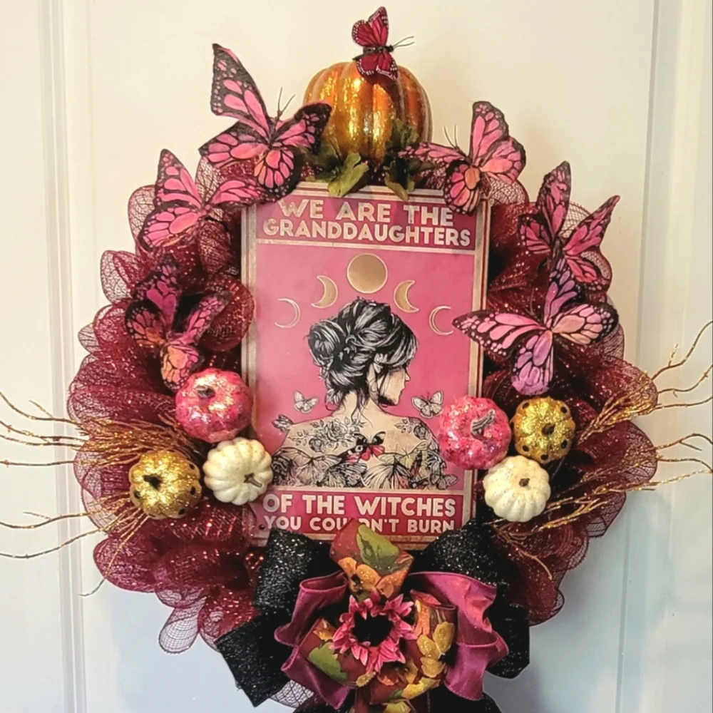 Halloween Wreath Grandaughters of the Witches They Could Not Burn Pink Gold Blk